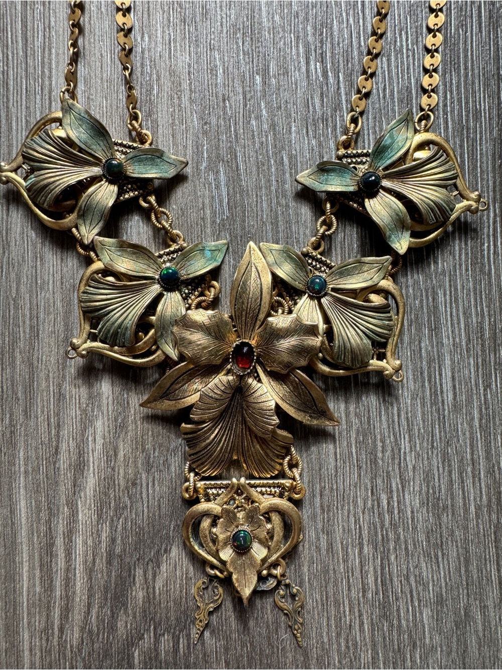 Antique-Inspired Patina Gold Floral Statement Necklace with Ruby Gemestones